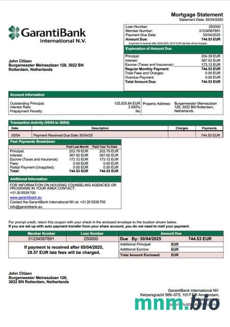 Holandia GarantiBank International NV wyciąg z kredytu hipotecznego szablon Word i PDF